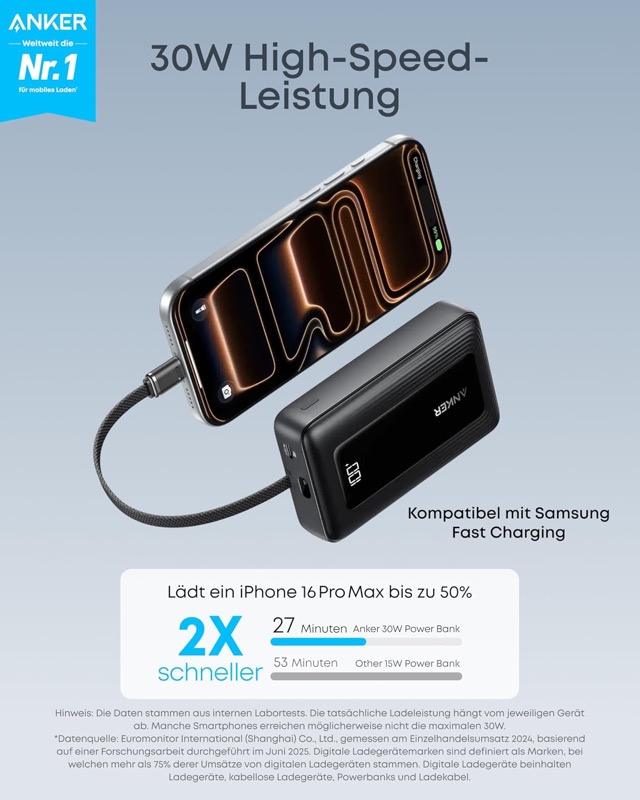 Anker Zolo Powerbank lädt ein Smartphone über USB-C unterwegs