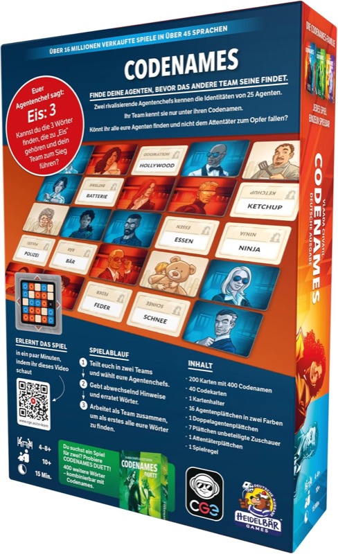 Codenames Partie mit Wortraster und Agentenkarten auf dem Tisch