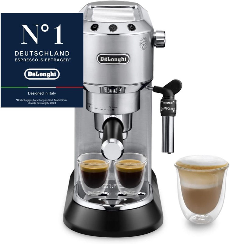 De’Longhi Dedica Espressomaschine in Edelstahl mit zwei Espressotassen