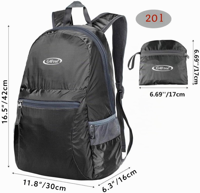 Faltbarer Rucksack entfaltet und als kleines Päckchen gefaltet