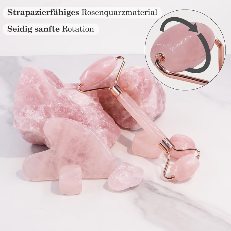 Gua-Sha-Stein und Roller aus Rosenquarz im Set