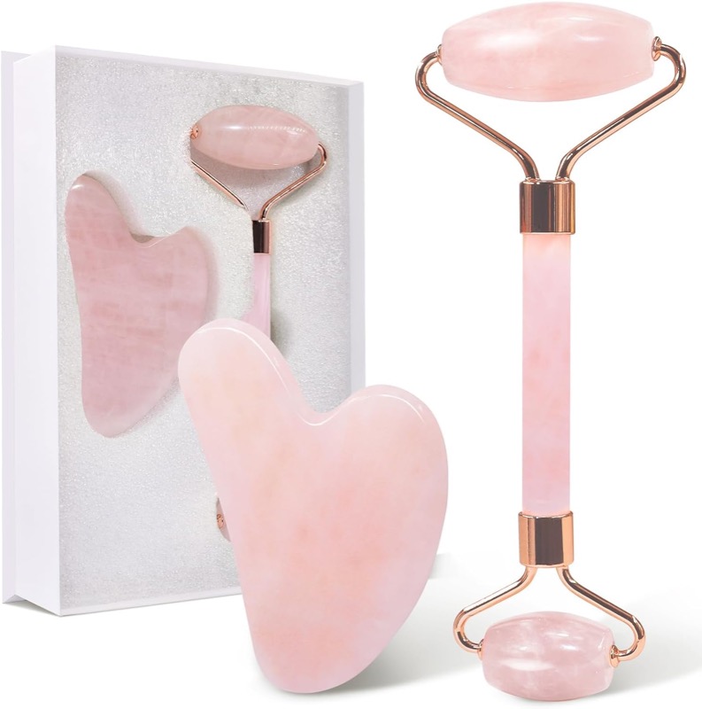 Gua-Sha-Stein und Gesichtsroller aus Rosenquarz