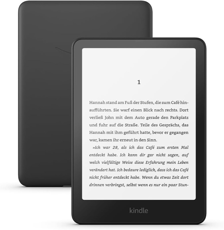 Kindle Paperwhite mit aufgeschlagener Buchseite im Display