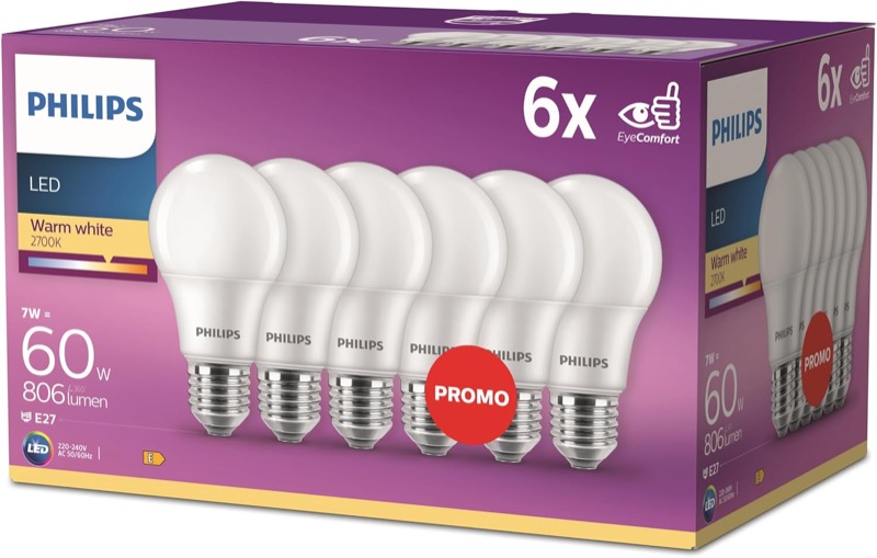 Philips LED E27, warmweiß, 6er-Pack