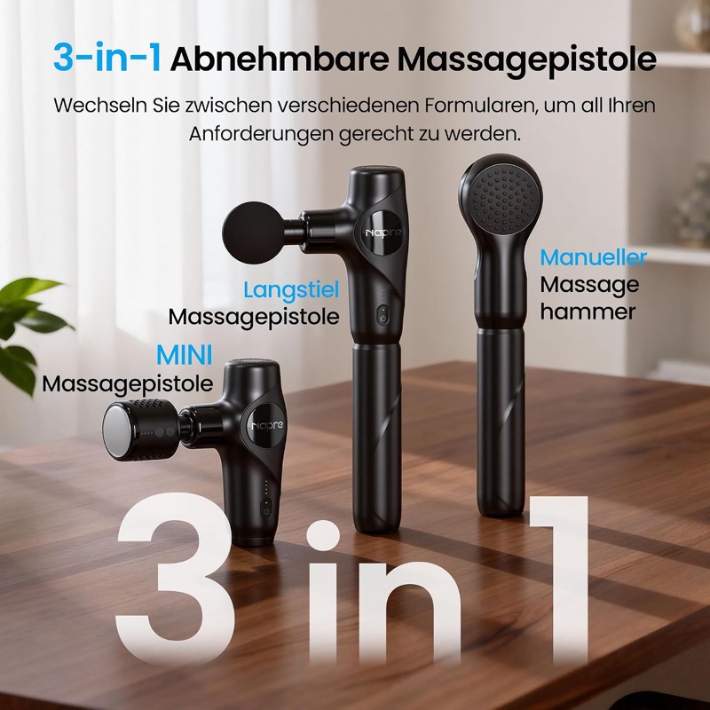 Massagepistole mit Aufsätzen und Ladekabel