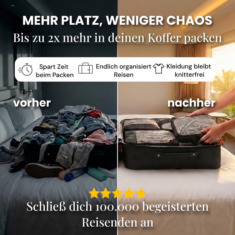 Koffer vorher und nachher mit Packwürfeln