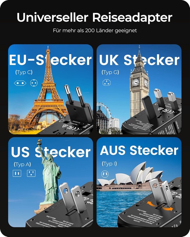 Reiseadapter mit EU-, UK-, US- und AUS-Stecker