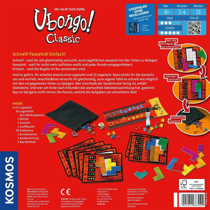Ubongo Spielmaterial mit Tafeln, Legeteilen und Edelsteinen