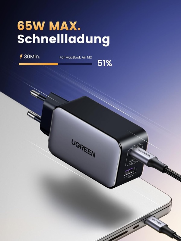 UGREEN 65W Ladegerät lädt Laptop und Smartphone gleichzeitig