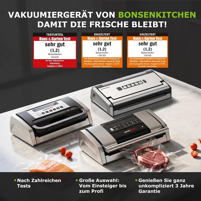 Bonsenkitchen Vakuumierer im Einsatz mit verschiedenen Lebensmitteln